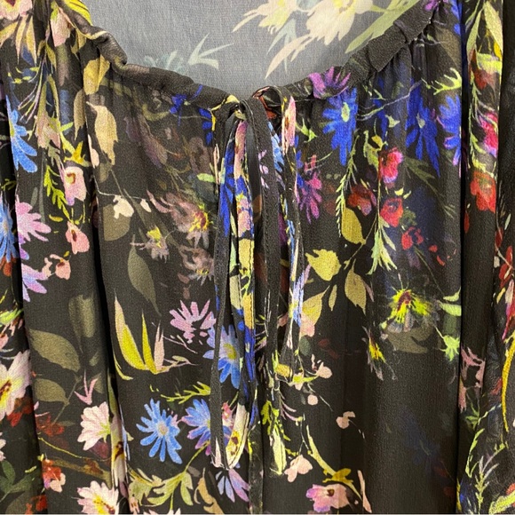 Parker Black + Multicolor Floral Silk Ruffle Trim Tie Neck Dress - Picture 4 of 8